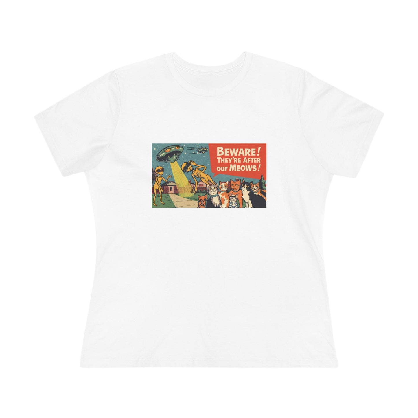 Cotton Tee Retro Aliens stealing my Cats "Meow" Warning Shirt