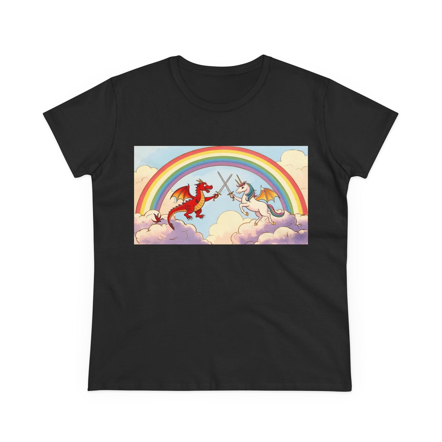 Unicorn vs Dragon Graphic Tee - Fun Women's Midweight Cotton T-Shirt