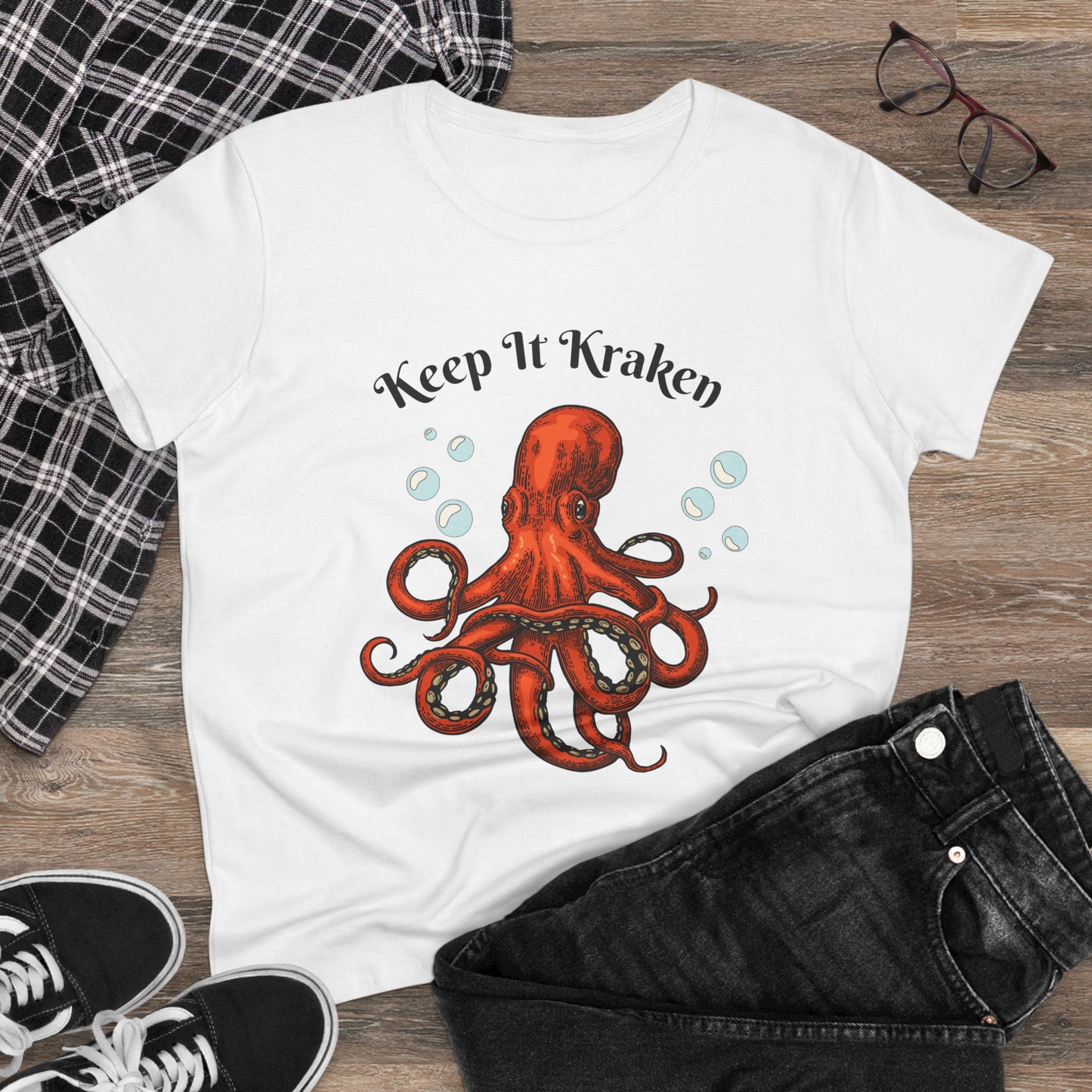 Keep It Kraken Women's Cotton Tee - Fun Ocean Apparel, Nautical T-Shirt.