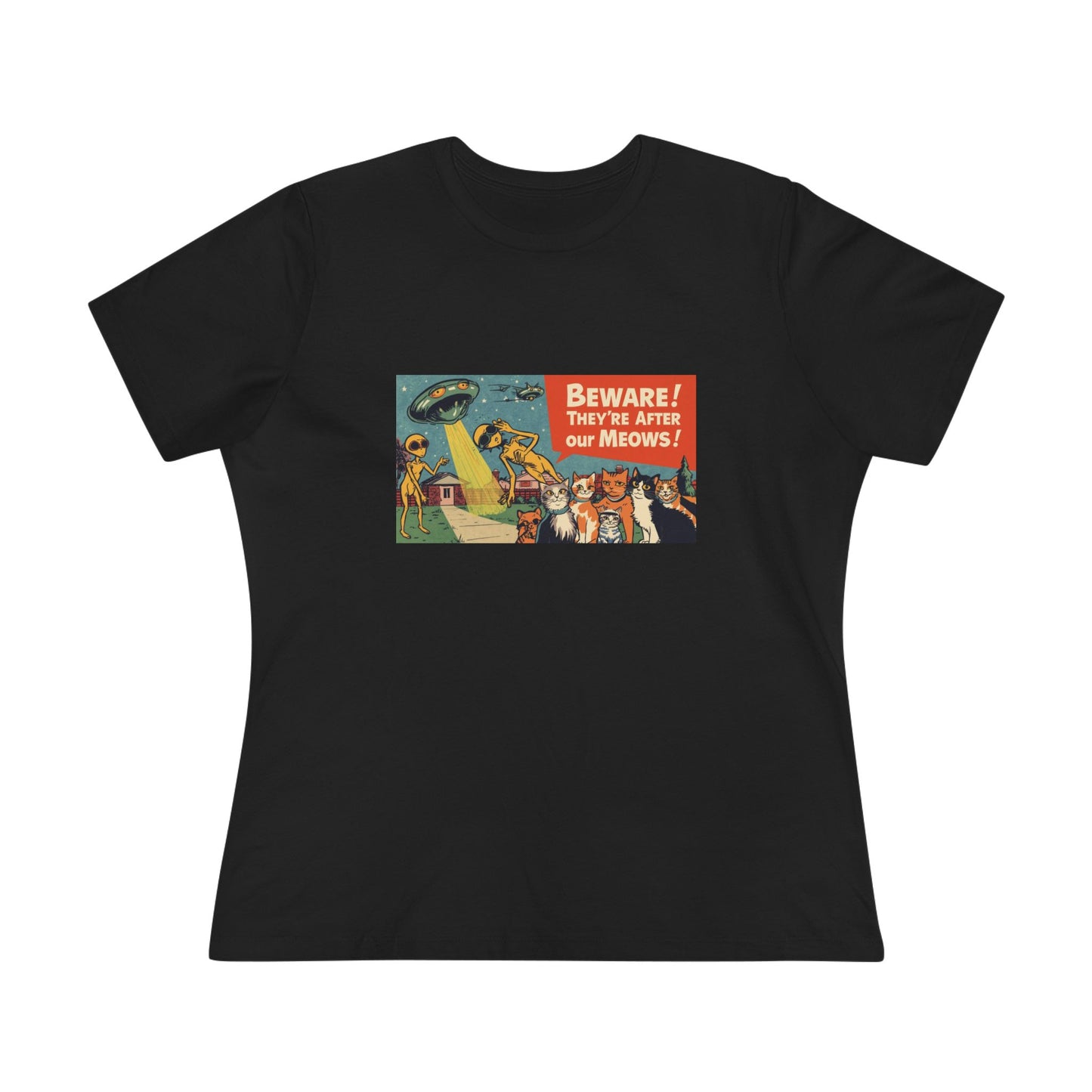 Cotton Tee Retro Aliens stealing my Cats "Meow" Warning Shirt