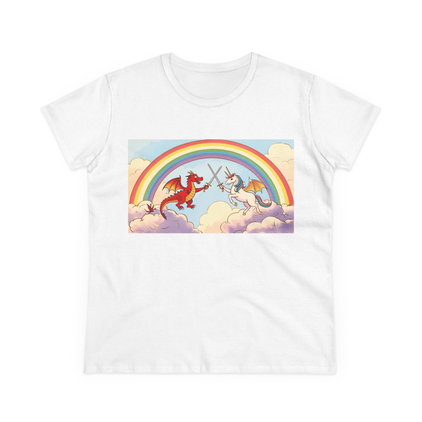 Unicorn vs Dragon Graphic Tee - Fun Women's Midweight Cotton T-Shirt