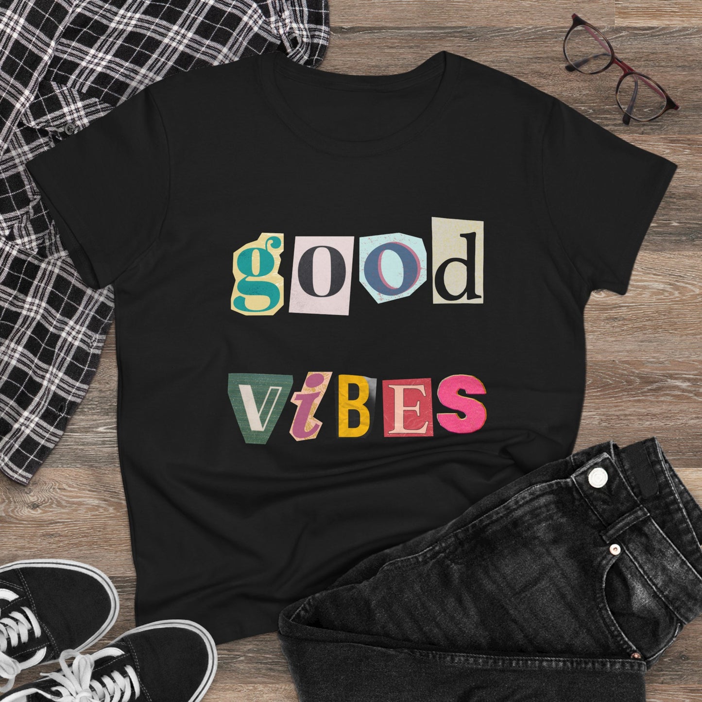 Good Vibes Women's Midweight Cotton Tee - Positive Message T-Shirt for Casual Wear