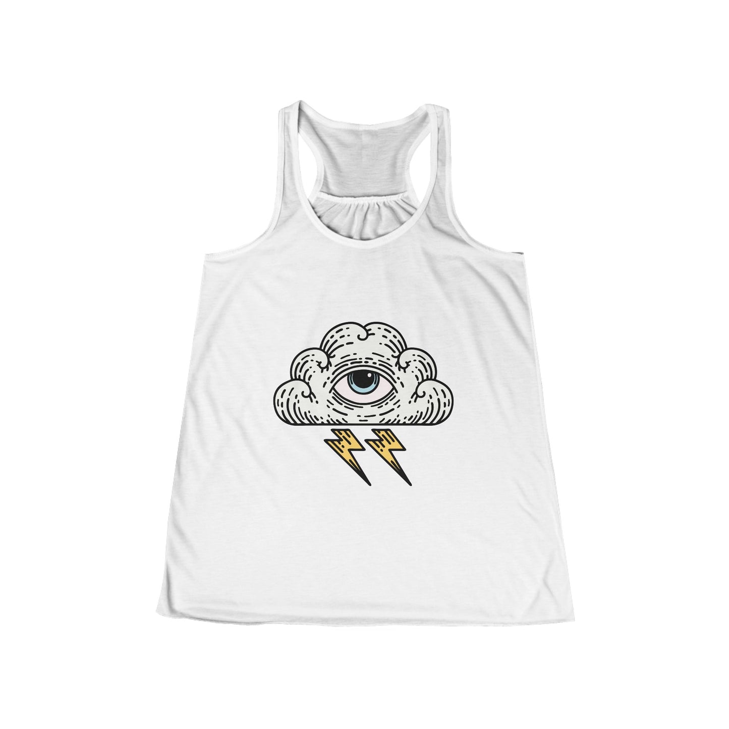 Stylish Women’s Mystical Eye Flowy Racerback Tank with Lightning Cloud Design, Summer Top, Festival Wear, Boho Style, Everyday Casual