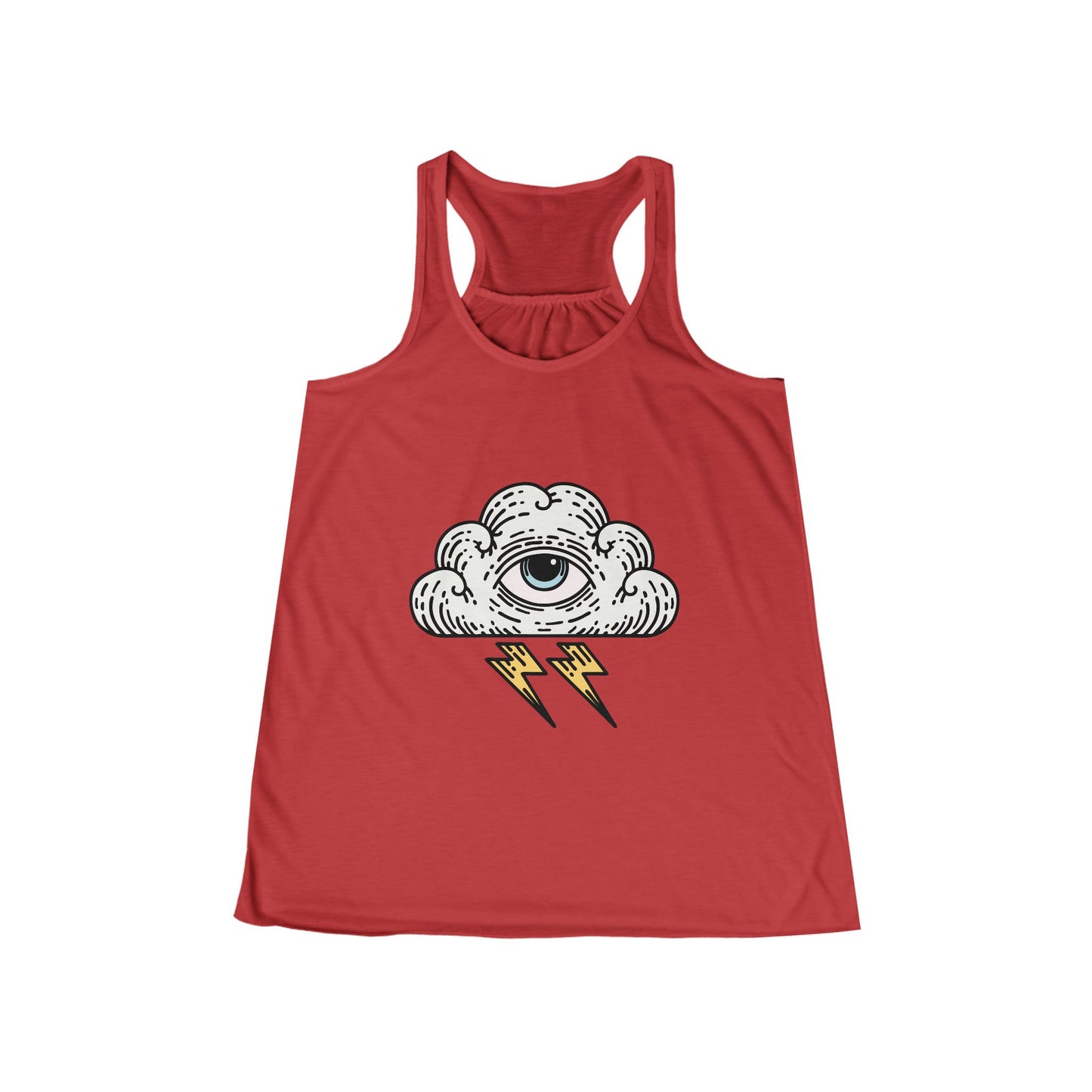 Stylish Women’s Mystical Eye Flowy Racerback Tank with Lightning Cloud Design, Summer Top, Festival Wear, Boho Style, Everyday Casual