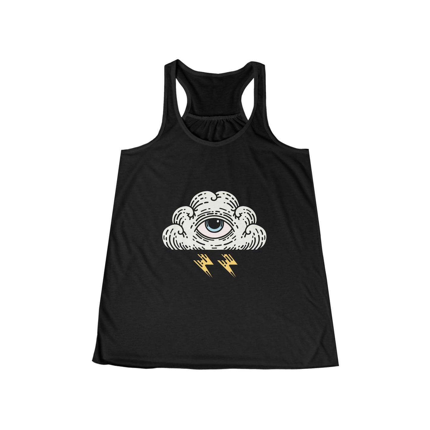 Stylish Women’s Mystical Eye Flowy Racerback Tank with Lightning Cloud Design, Summer Top, Festival Wear, Boho Style, Everyday Casual