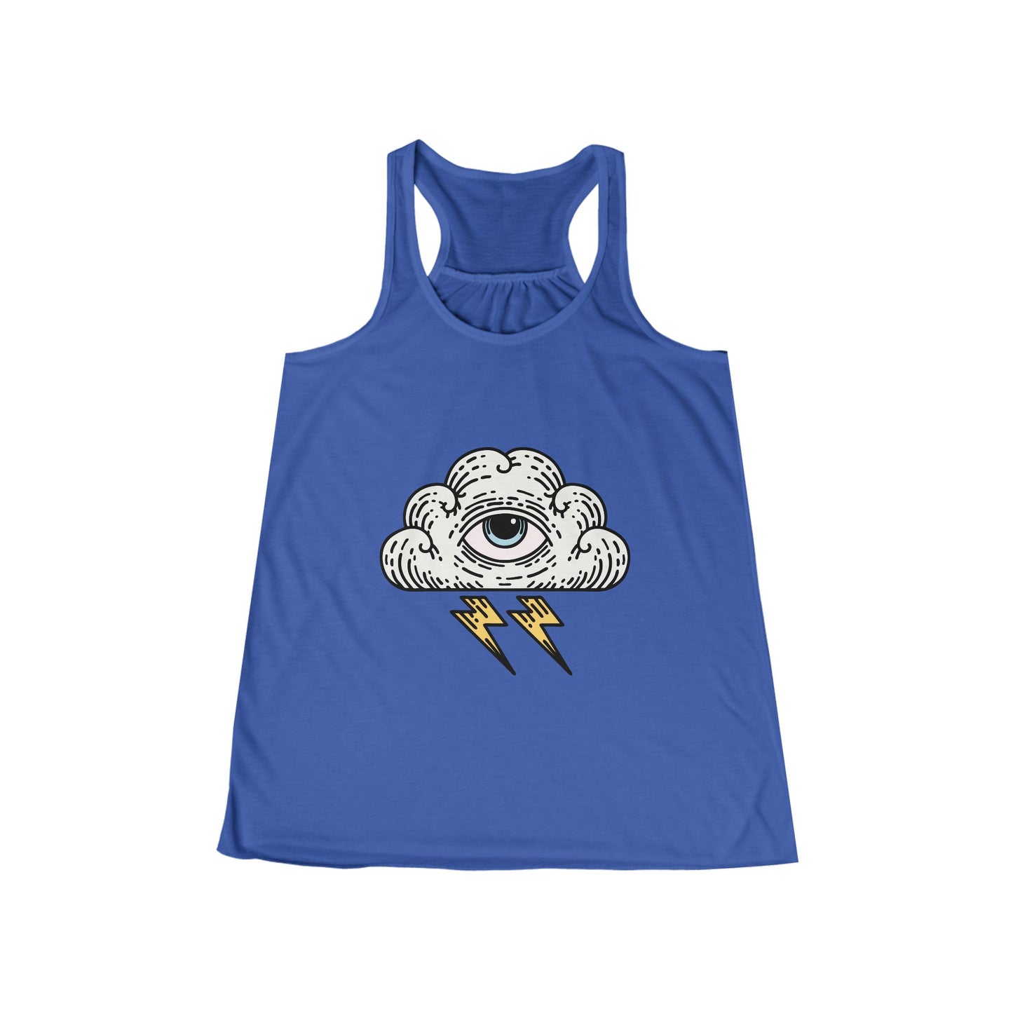 Stylish Women’s Mystical Eye Flowy Racerback Tank with Lightning Cloud Design, Summer Top, Festival Wear, Boho Style, Everyday Casual